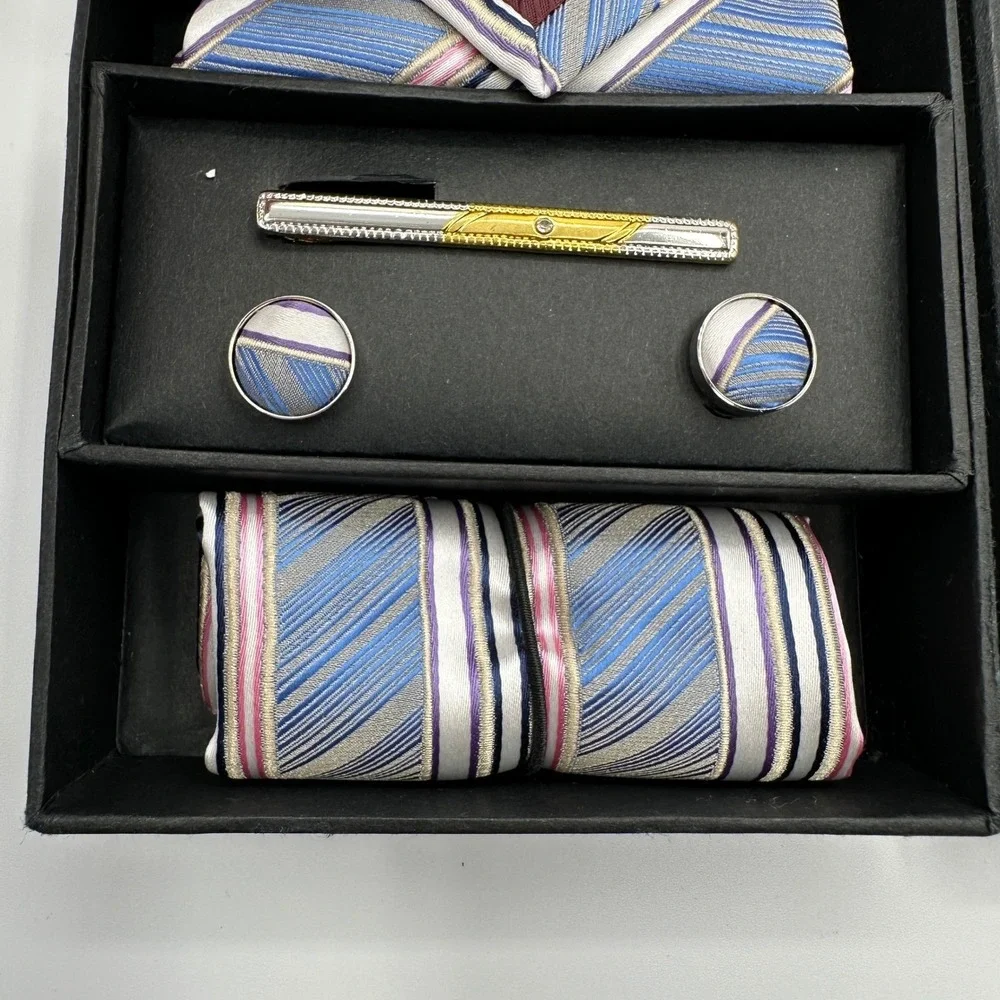 Handmade Italian 100% Silk Tie Set Blue Stripe Necktie Cufflinks Tie Clip Square